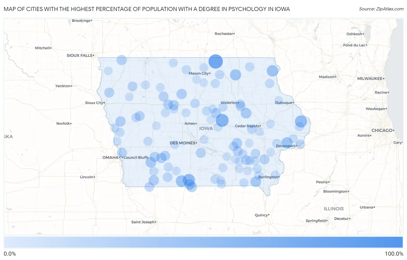 Cities with the Highest Percentage of Population with a Degree in Psychology in Iowa Map