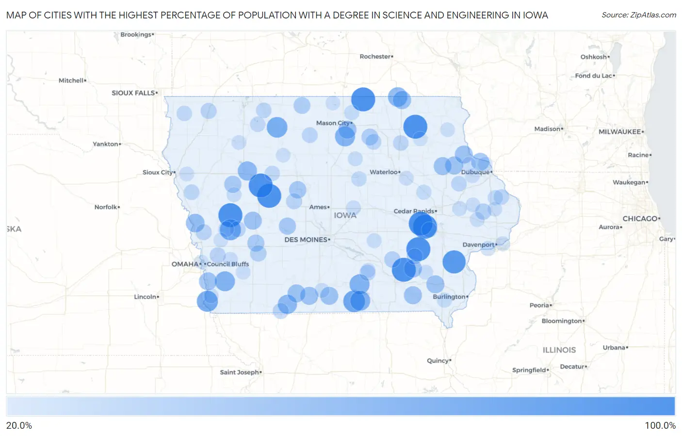 Cities with the Highest Percentage of Population with a Degree in Science and Engineering in Iowa Map
