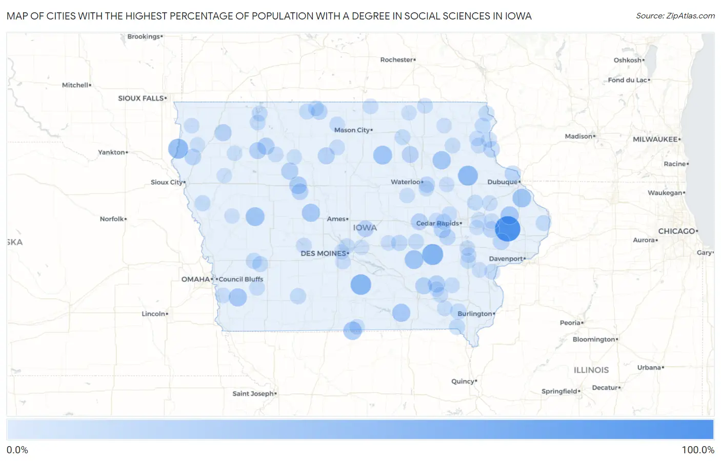 Cities with the Highest Percentage of Population with a Degree in Social Sciences in Iowa Map