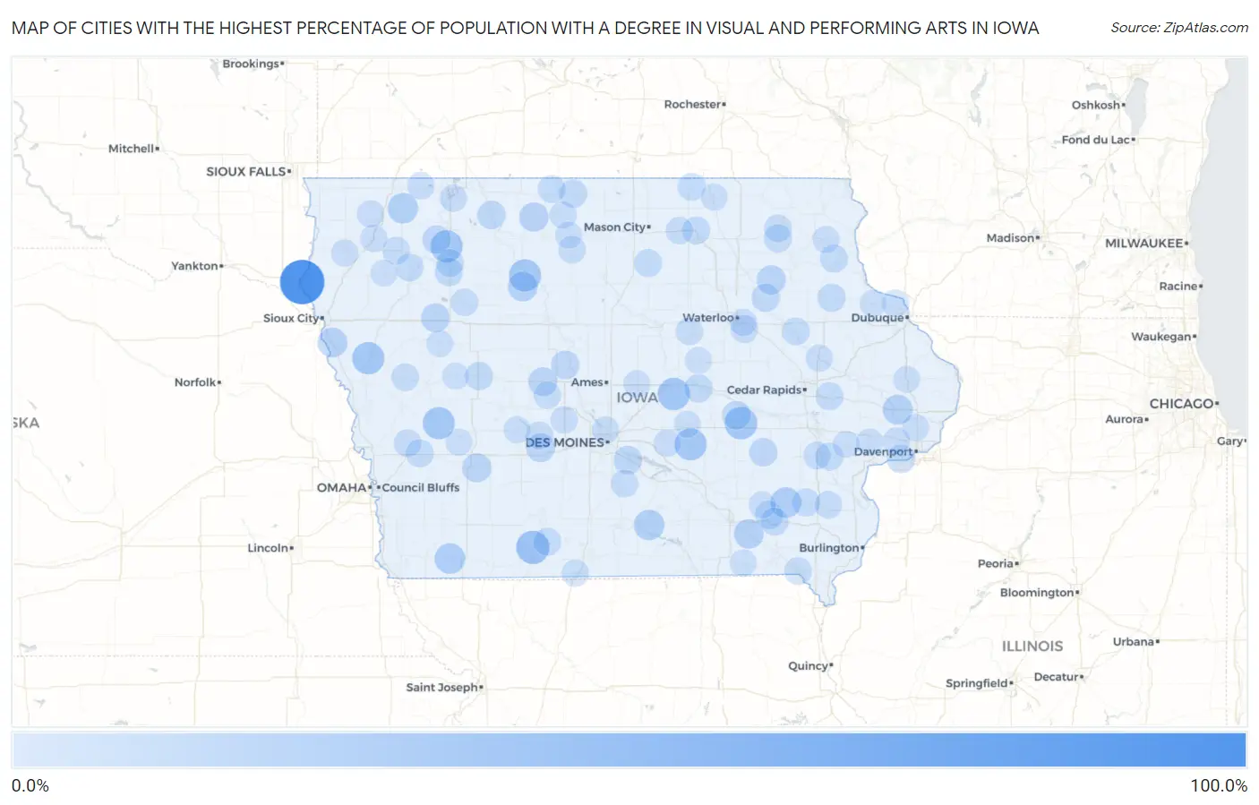 Cities with the Highest Percentage of Population with a Degree in Visual and Performing Arts in Iowa Map