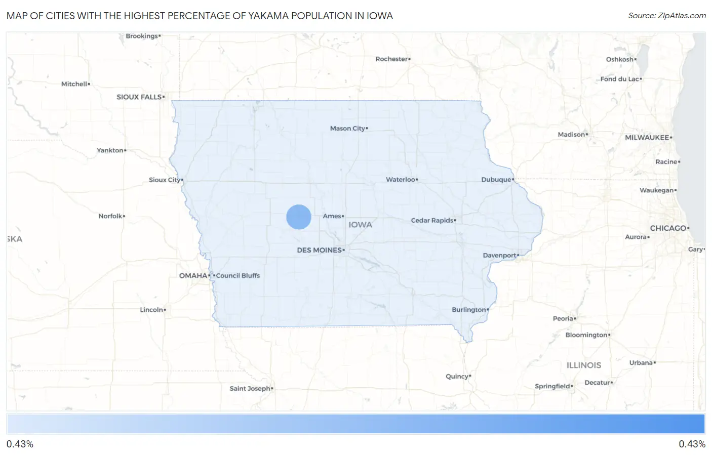 Cities with the Highest Percentage of Yakama Population in Iowa Map