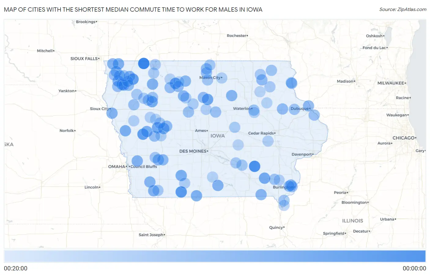 Cities with the Shortest Median Commute Time to Work for Males in Iowa Map