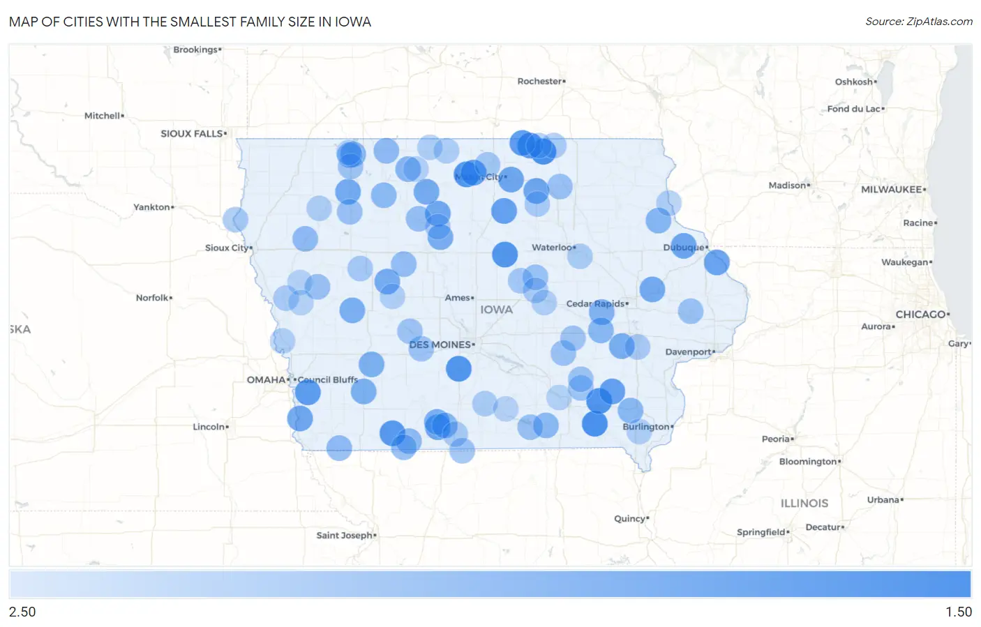Cities with the Smallest Family Size in Iowa Map