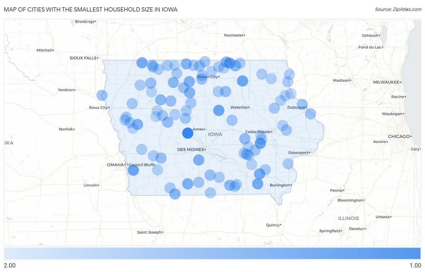 Cities with the Smallest Household Size in Iowa Map