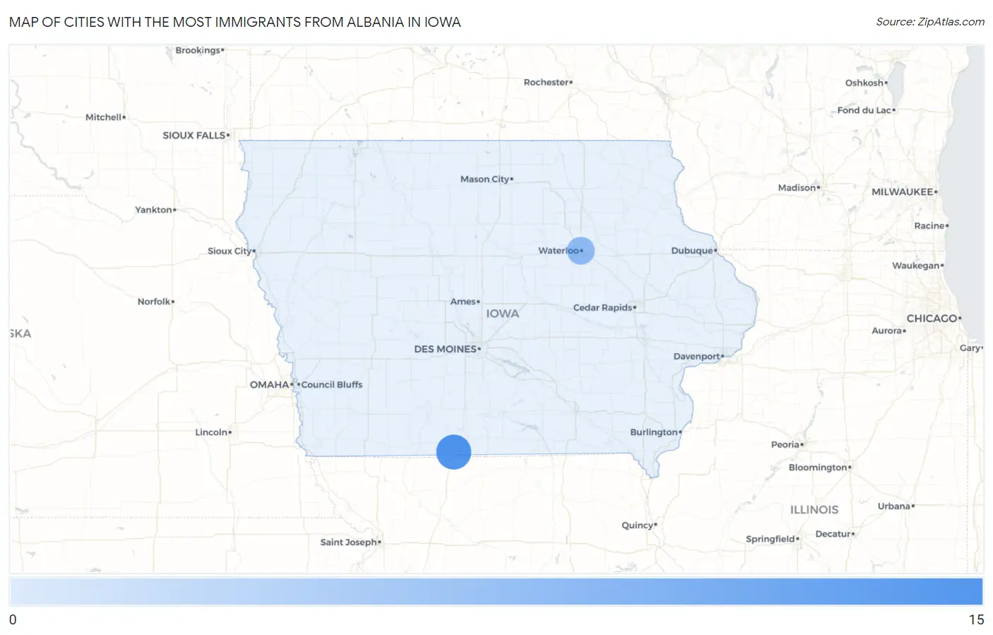 Cities with the Most Immigrants from Albania in Iowa Map
