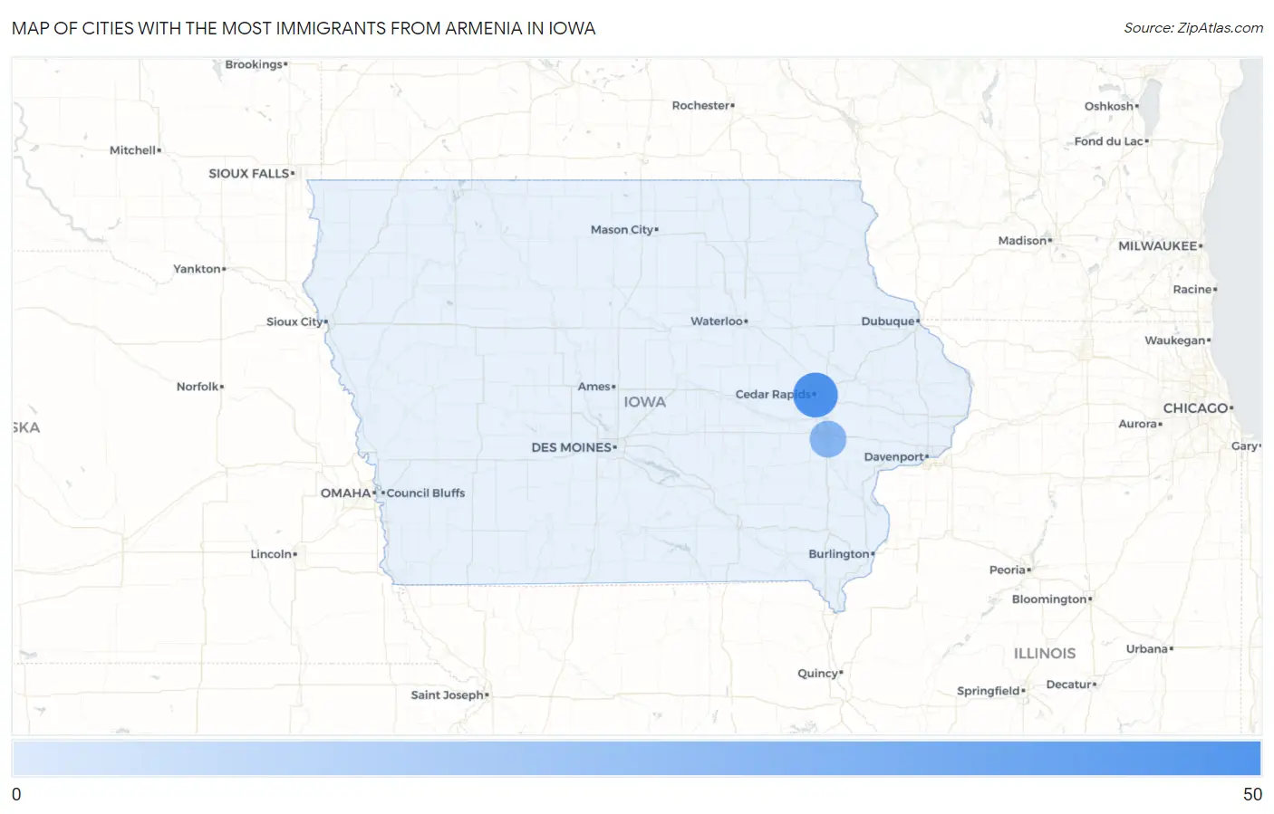 Cities with the Most Immigrants from Armenia in Iowa Map