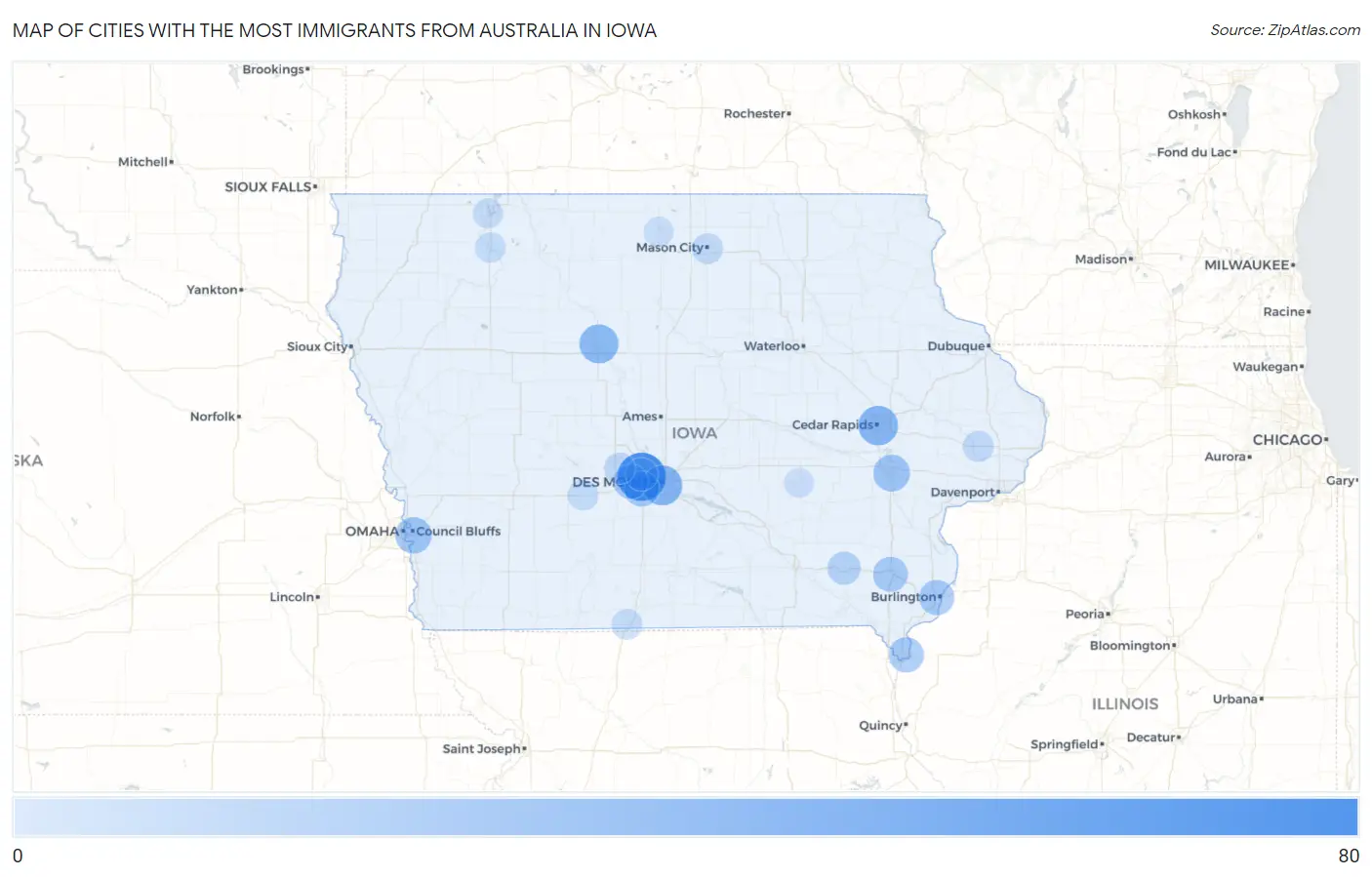 Cities with the Most Immigrants from Australia in Iowa Map