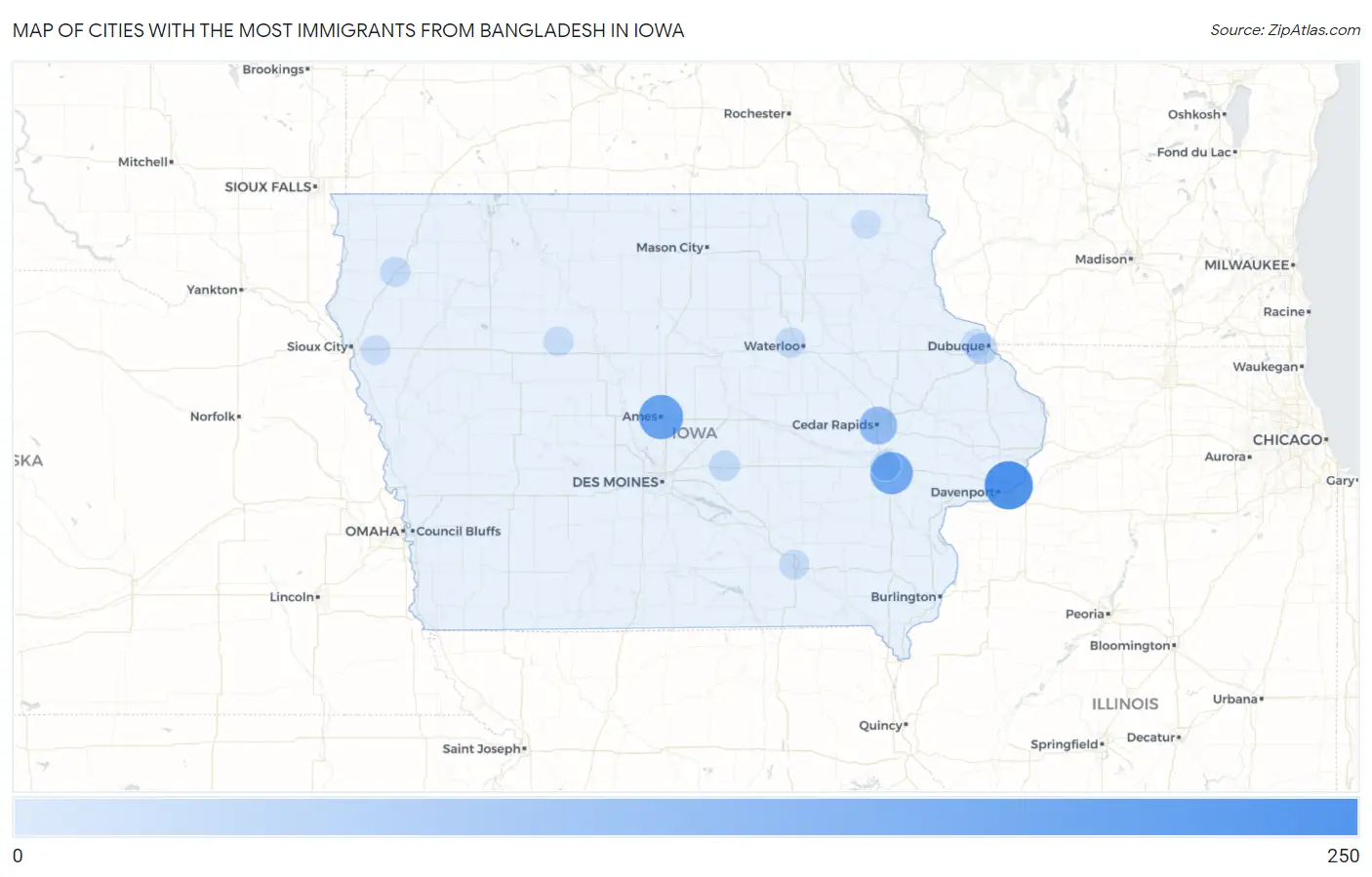 Cities with the Most Immigrants from Bangladesh in Iowa Map