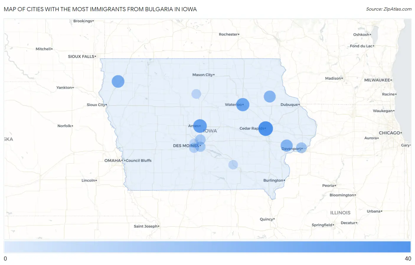 Cities with the Most Immigrants from Bulgaria in Iowa Map