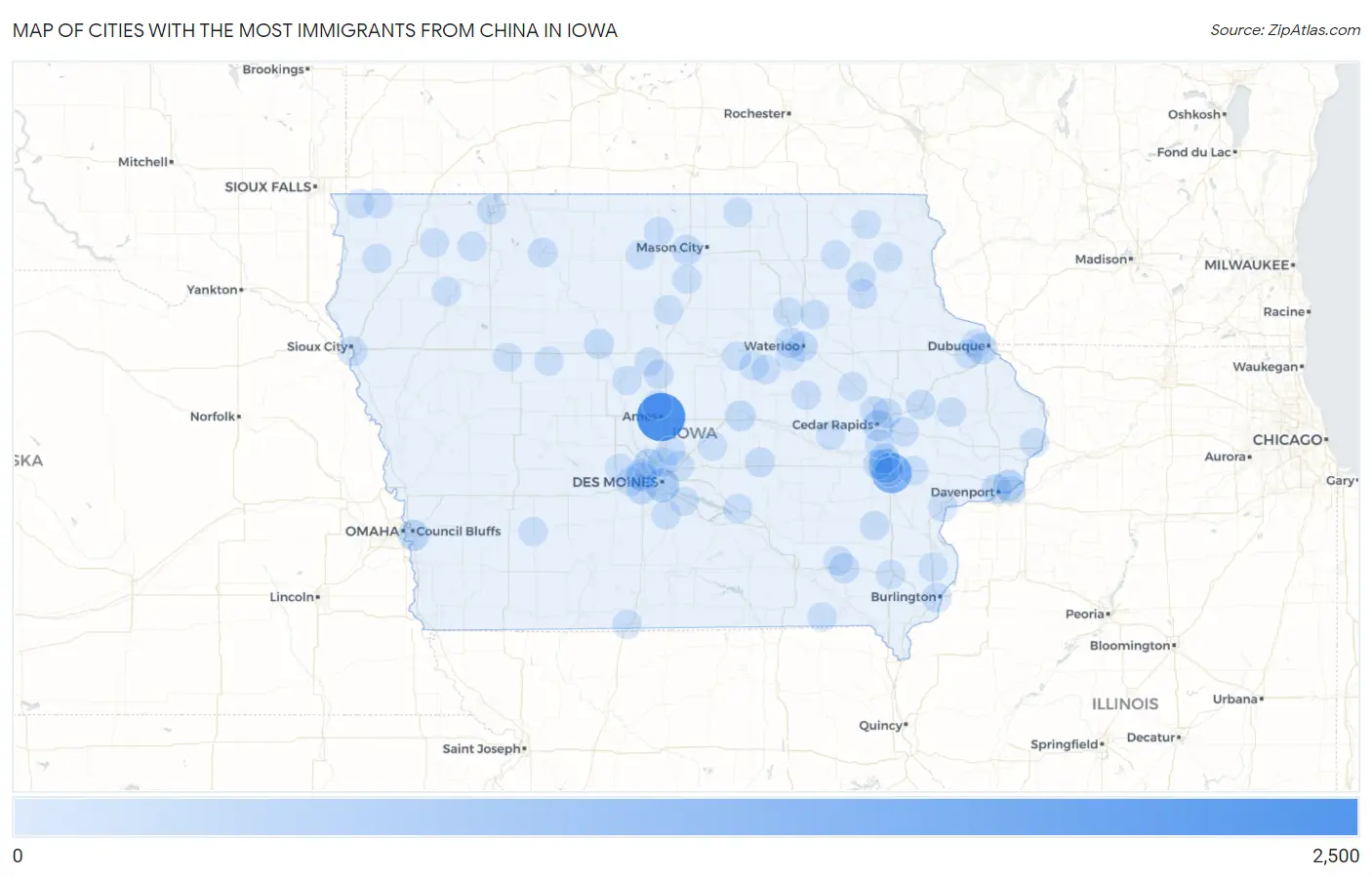 Cities with the Most Immigrants from China in Iowa Map