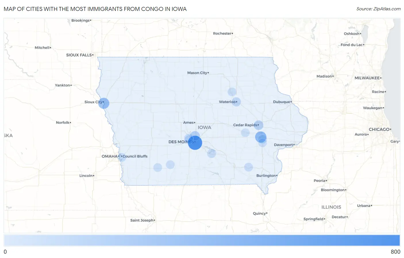 Cities with the Most Immigrants from Congo in Iowa Map