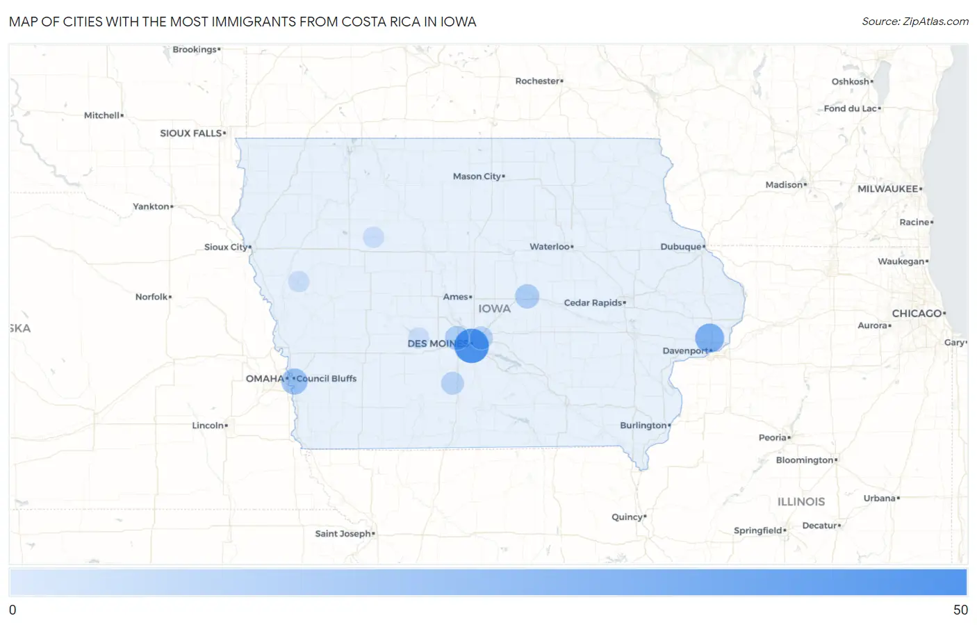 Cities with the Most Immigrants from Costa Rica in Iowa Map