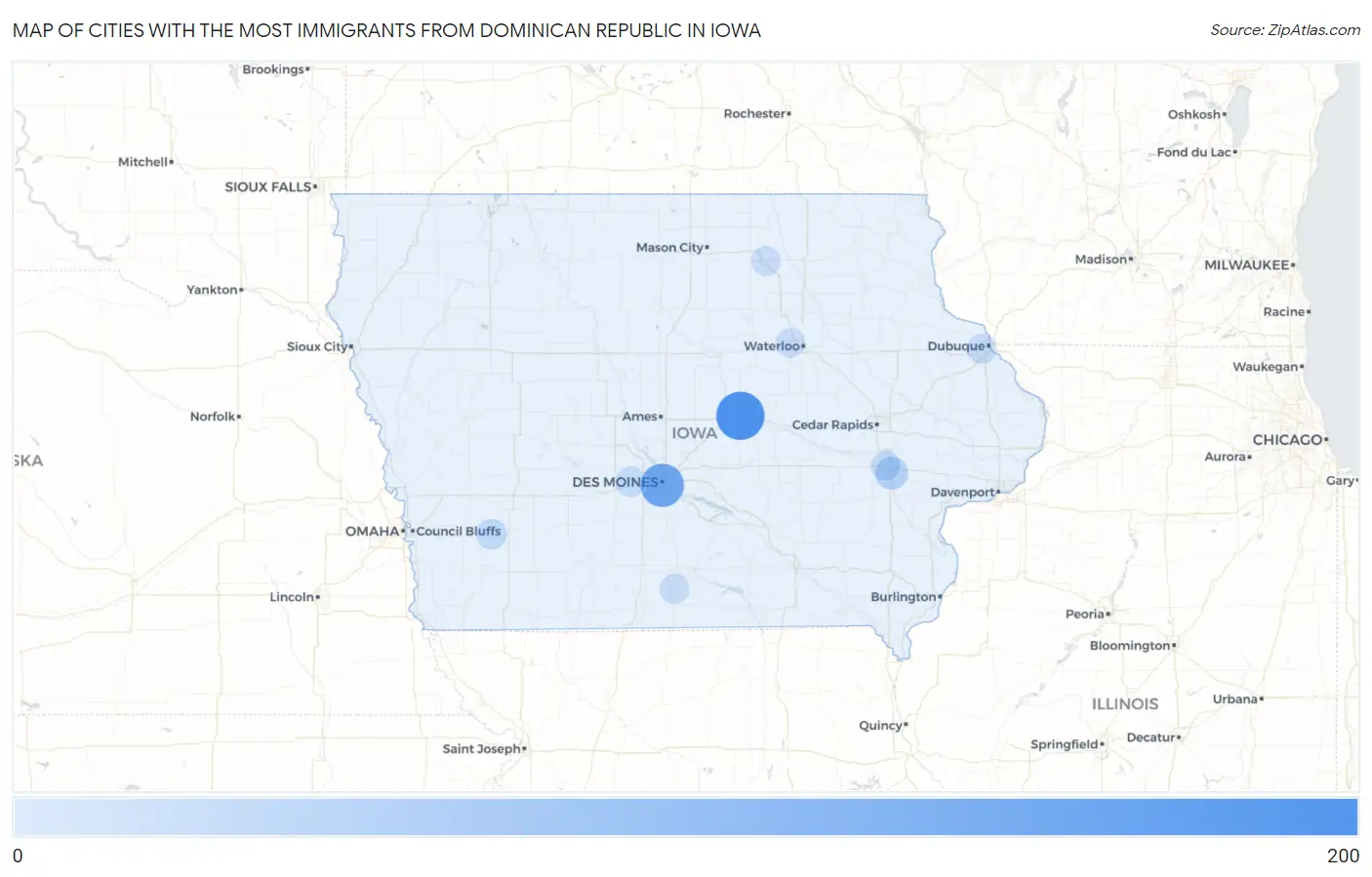Cities with the Most Immigrants from Dominican Republic in Iowa Map