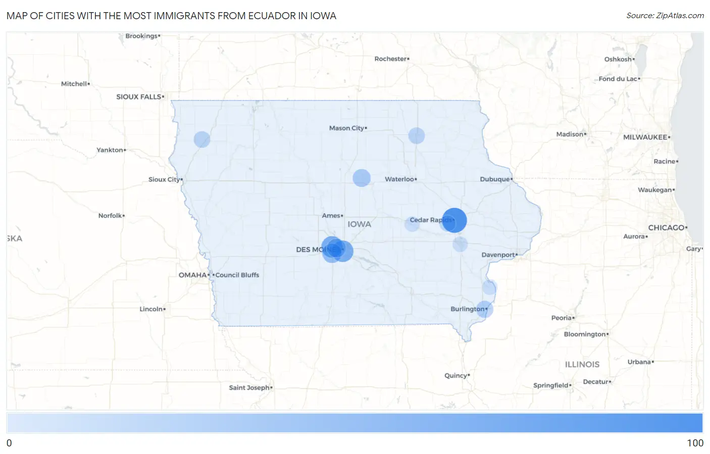 Cities with the Most Immigrants from Ecuador in Iowa Map