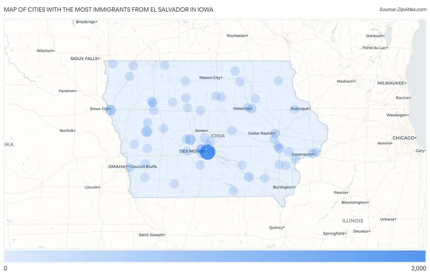 Cities with the Most Immigrants from El Salvador in Iowa Map