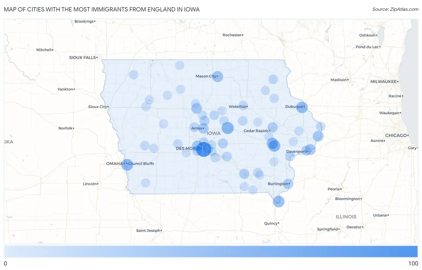 Cities with the Most Immigrants from England in Iowa Map