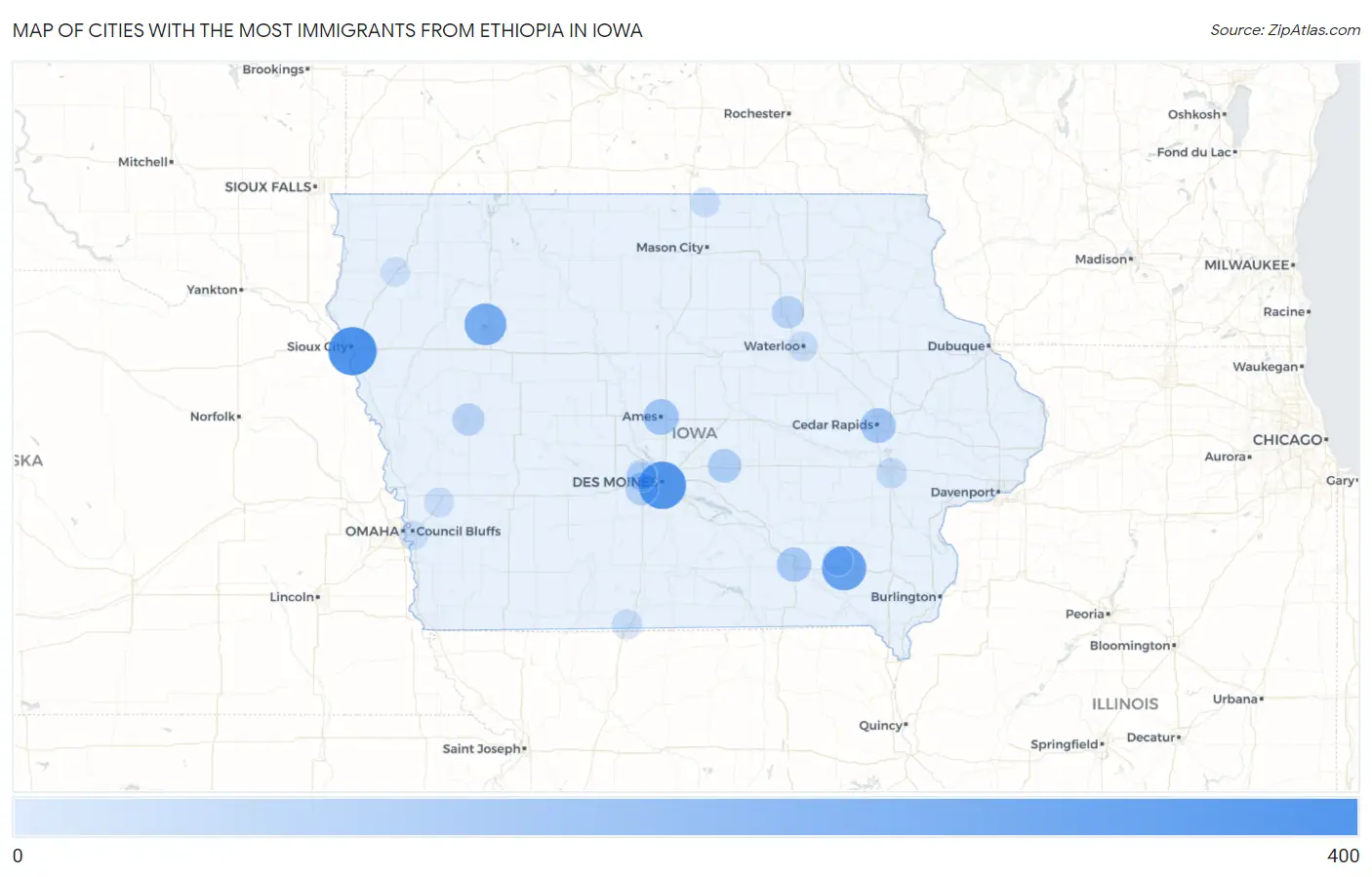 Cities with the Most Immigrants from Ethiopia in Iowa Map
