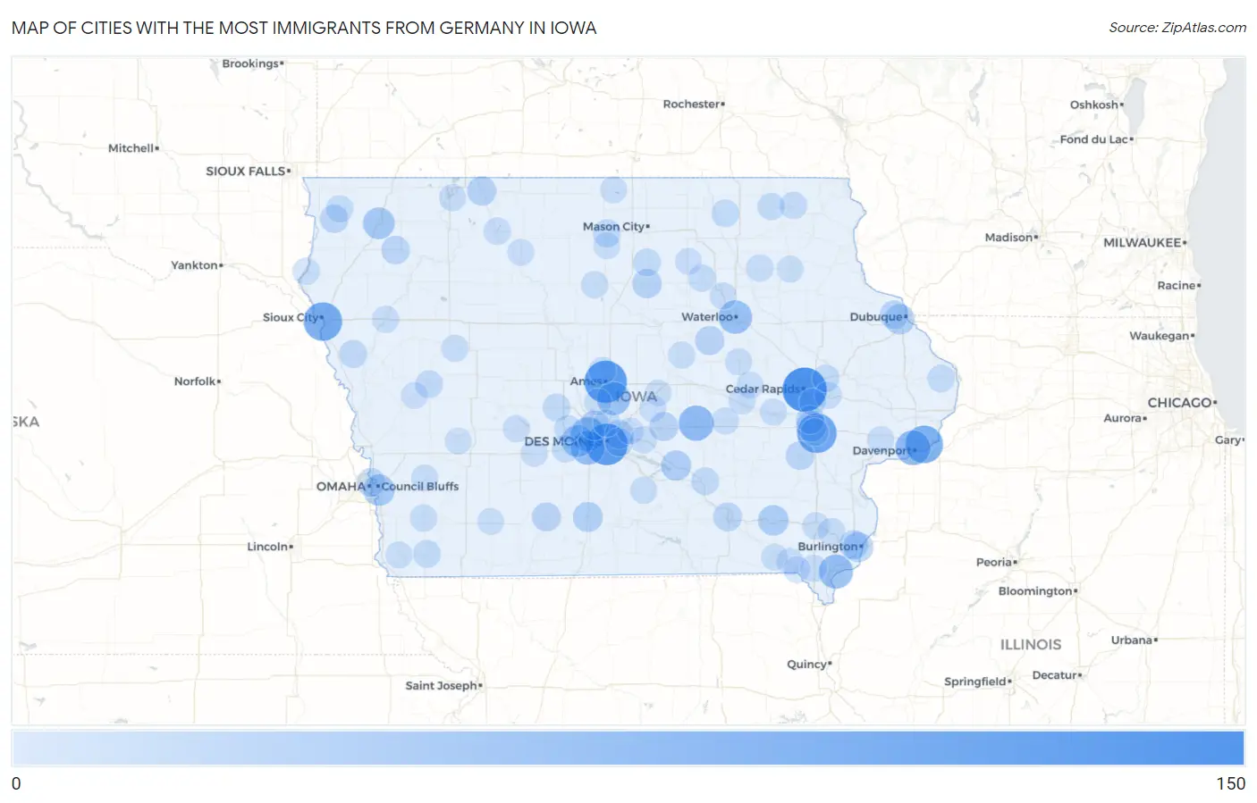 Cities with the Most Immigrants from Germany in Iowa Map