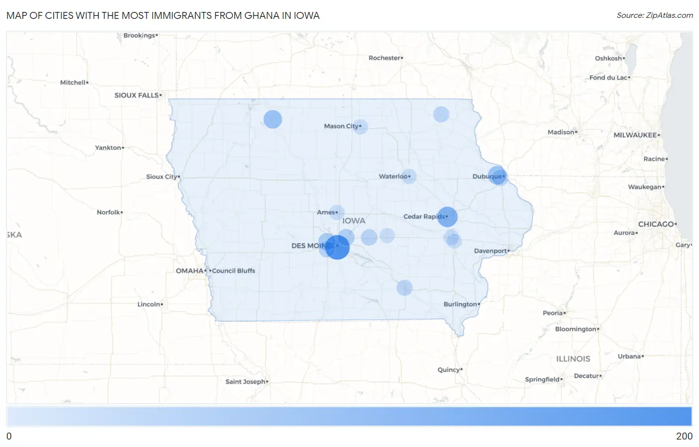 Cities with the Most Immigrants from Ghana in Iowa Map
