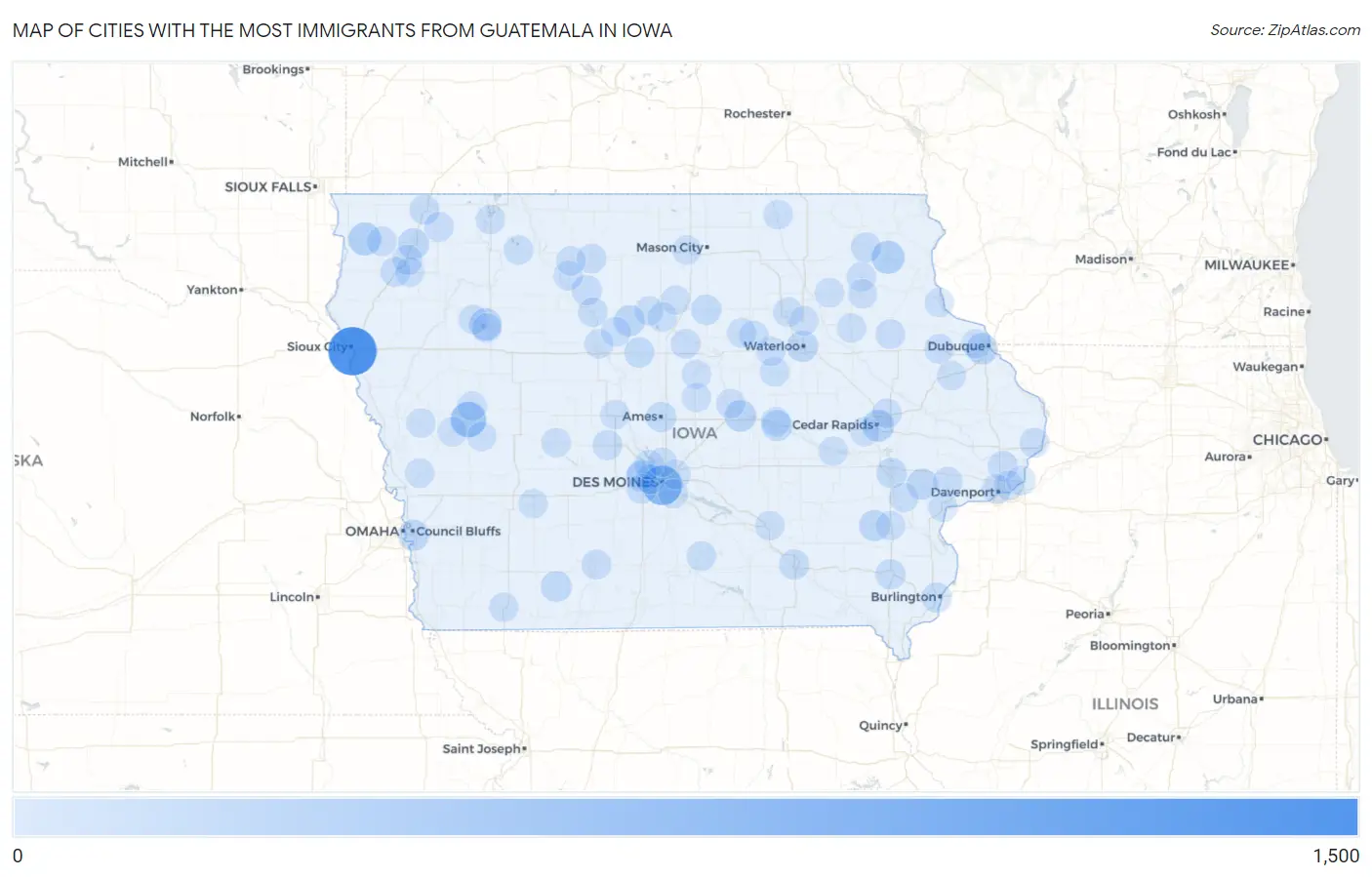 Cities with the Most Immigrants from Guatemala in Iowa Map