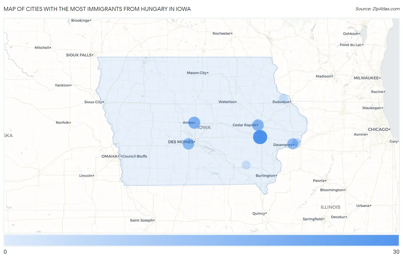 Cities with the Most Immigrants from Hungary in Iowa Map