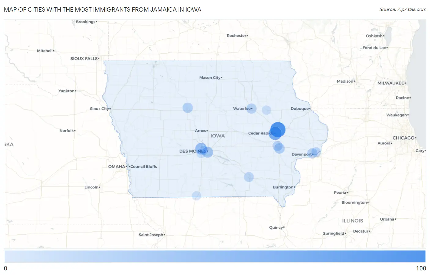Cities with the Most Immigrants from Jamaica in Iowa Map