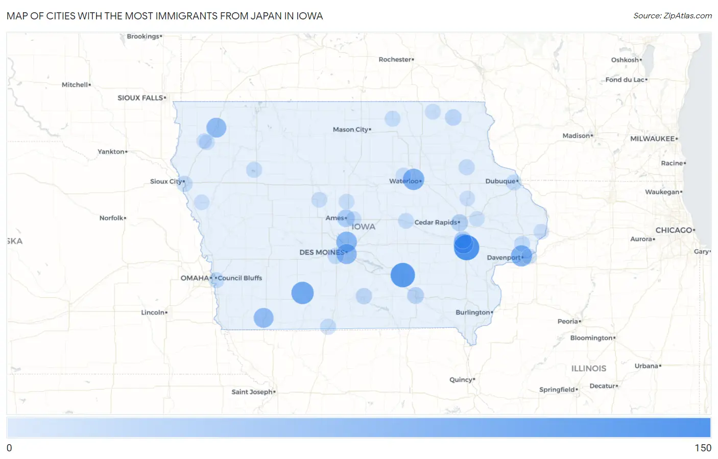 Cities with the Most Immigrants from Japan in Iowa Map
