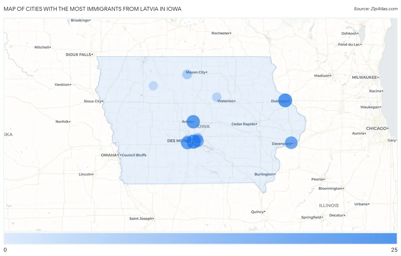Cities with the Most Immigrants from Latvia in Iowa Map