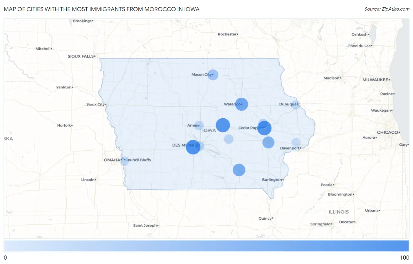 Cities with the Most Immigrants from Morocco in Iowa Map