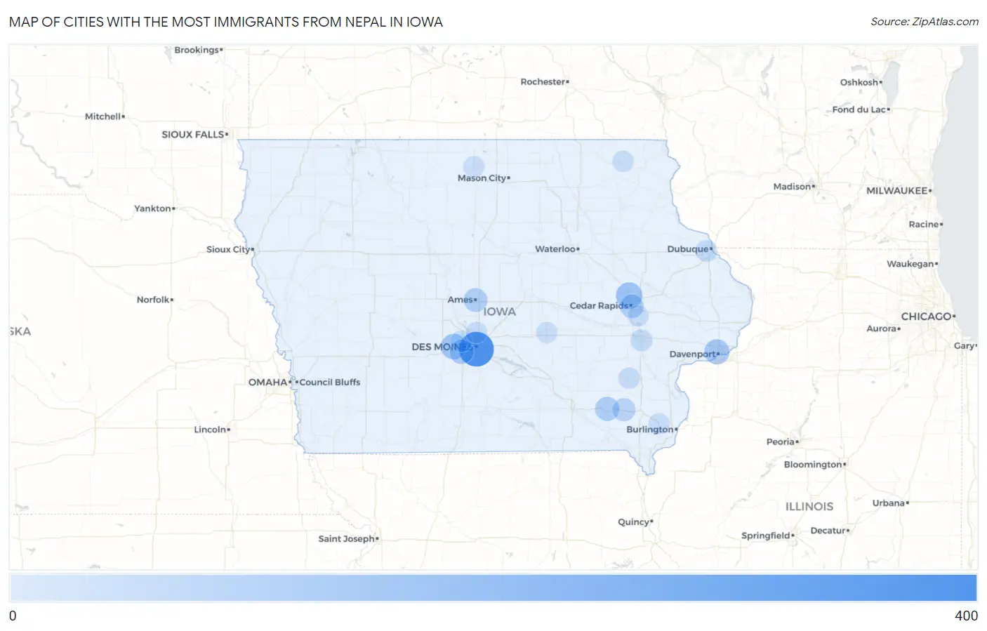 Cities with the Most Immigrants from Nepal in Iowa Map