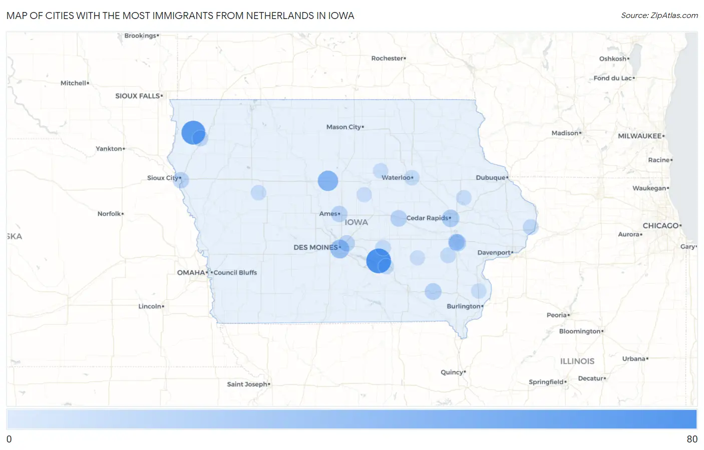 Cities with the Most Immigrants from Netherlands in Iowa Map