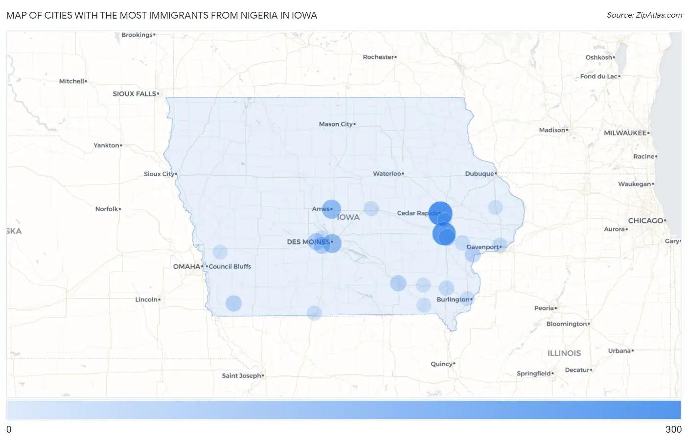 Cities with the Most Immigrants from Nigeria in Iowa Map