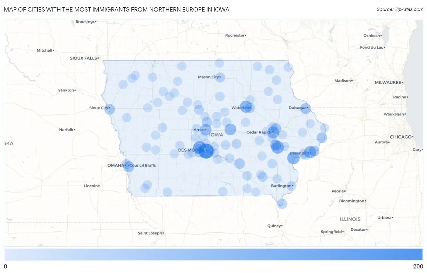 Cities with the Most Immigrants from Northern Europe in Iowa Map