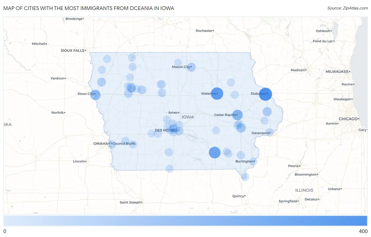 Cities with the Most Immigrants from Oceania in Iowa Map