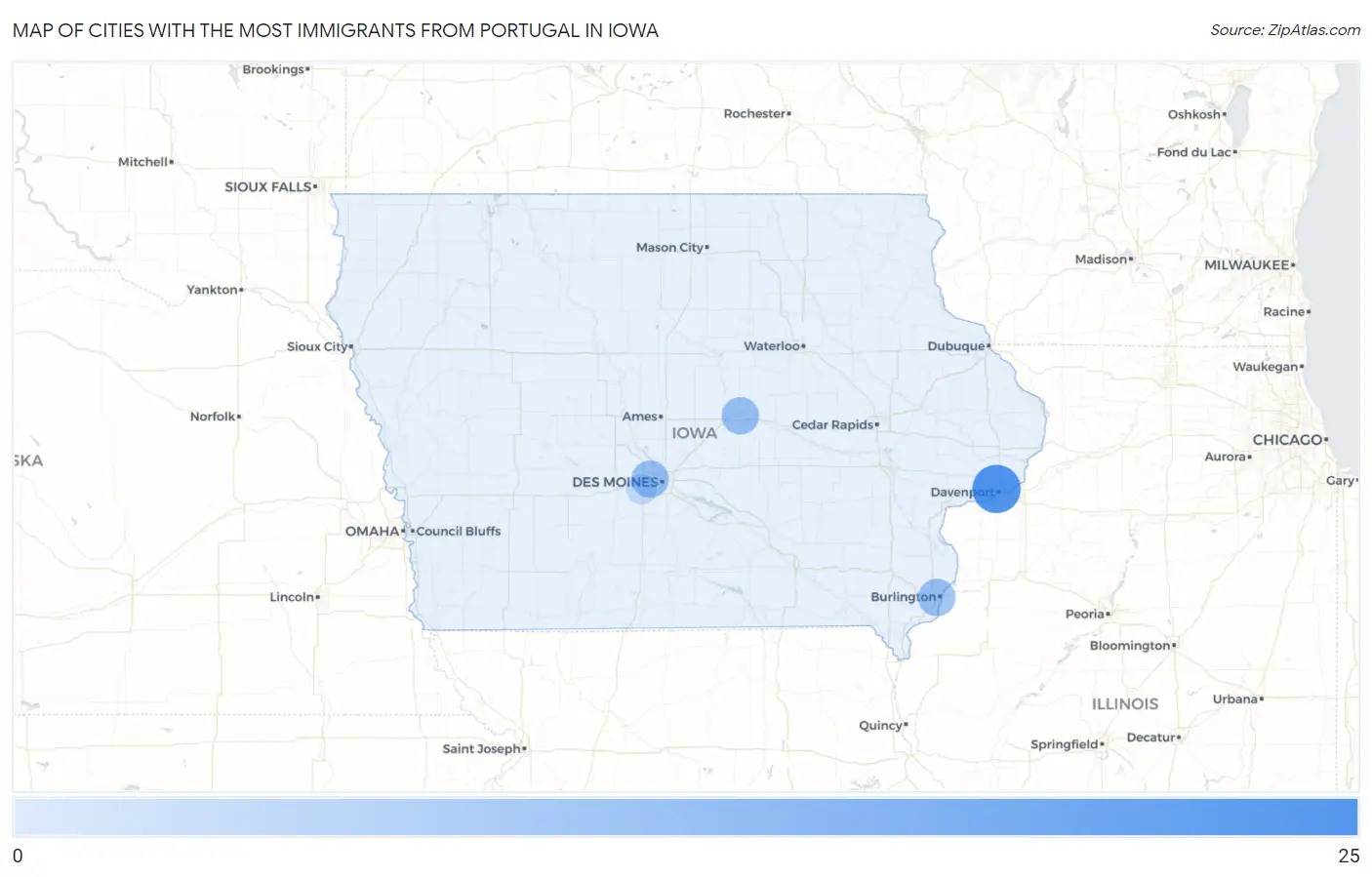 Cities with the Most Immigrants from Portugal in Iowa Map