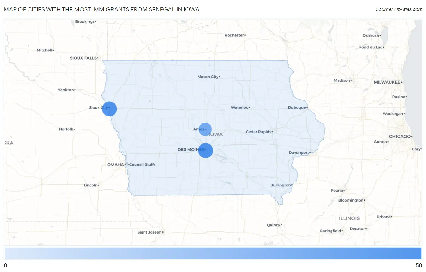 Cities with the Most Immigrants from Senegal in Iowa Map