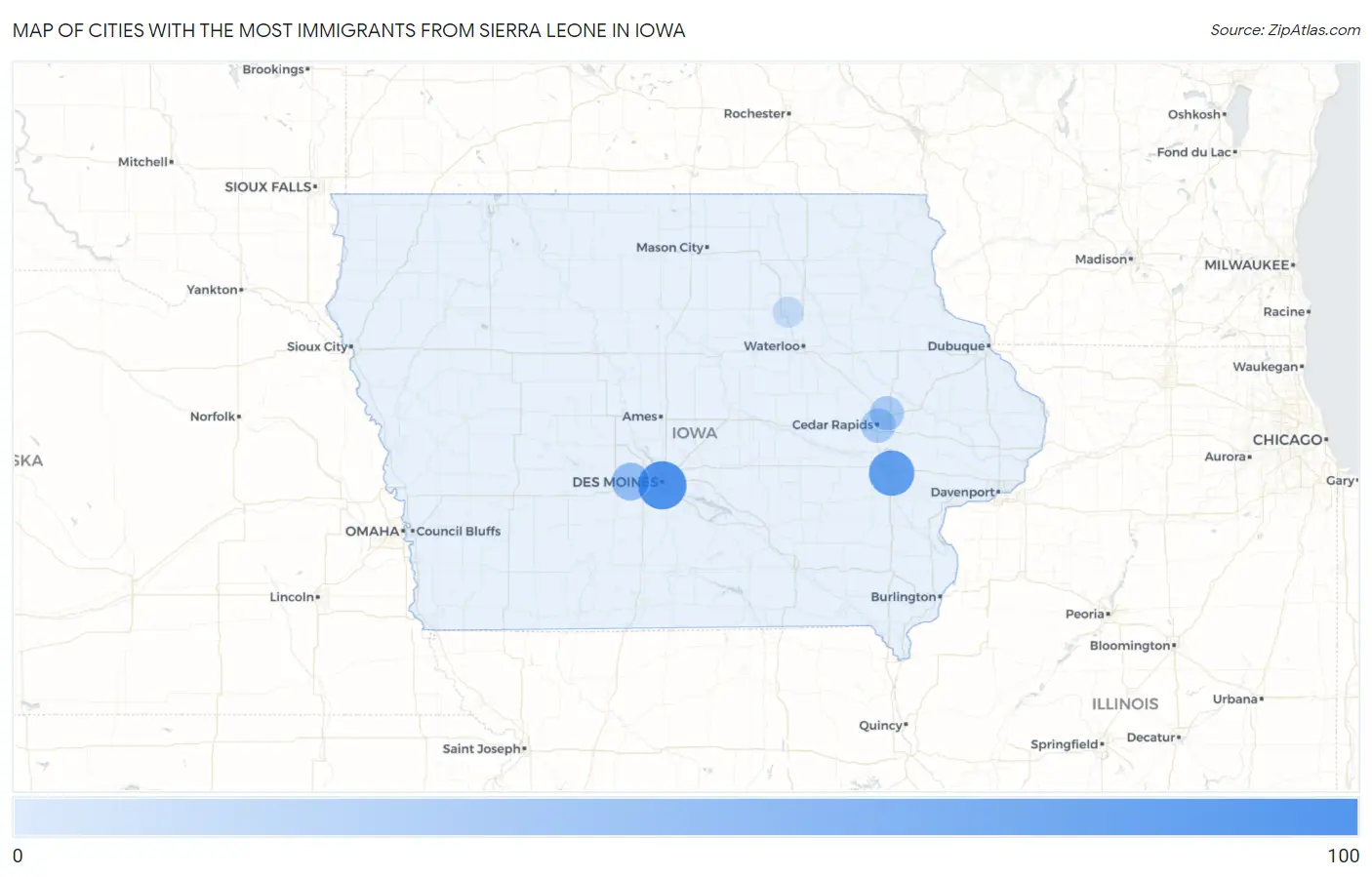 Cities with the Most Immigrants from Sierra Leone in Iowa Map