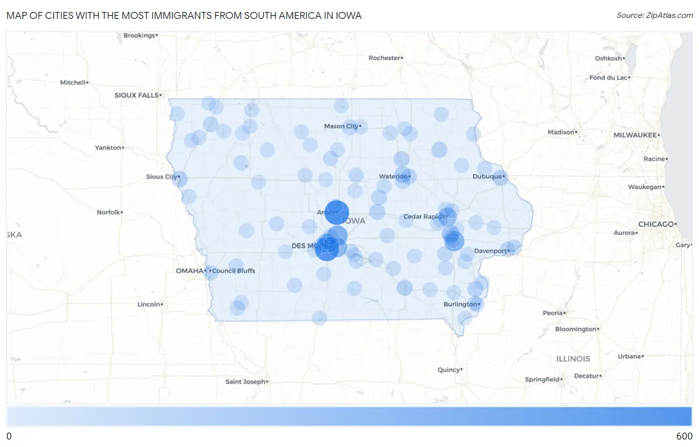 Cities with the Most Immigrants from South America in Iowa Map