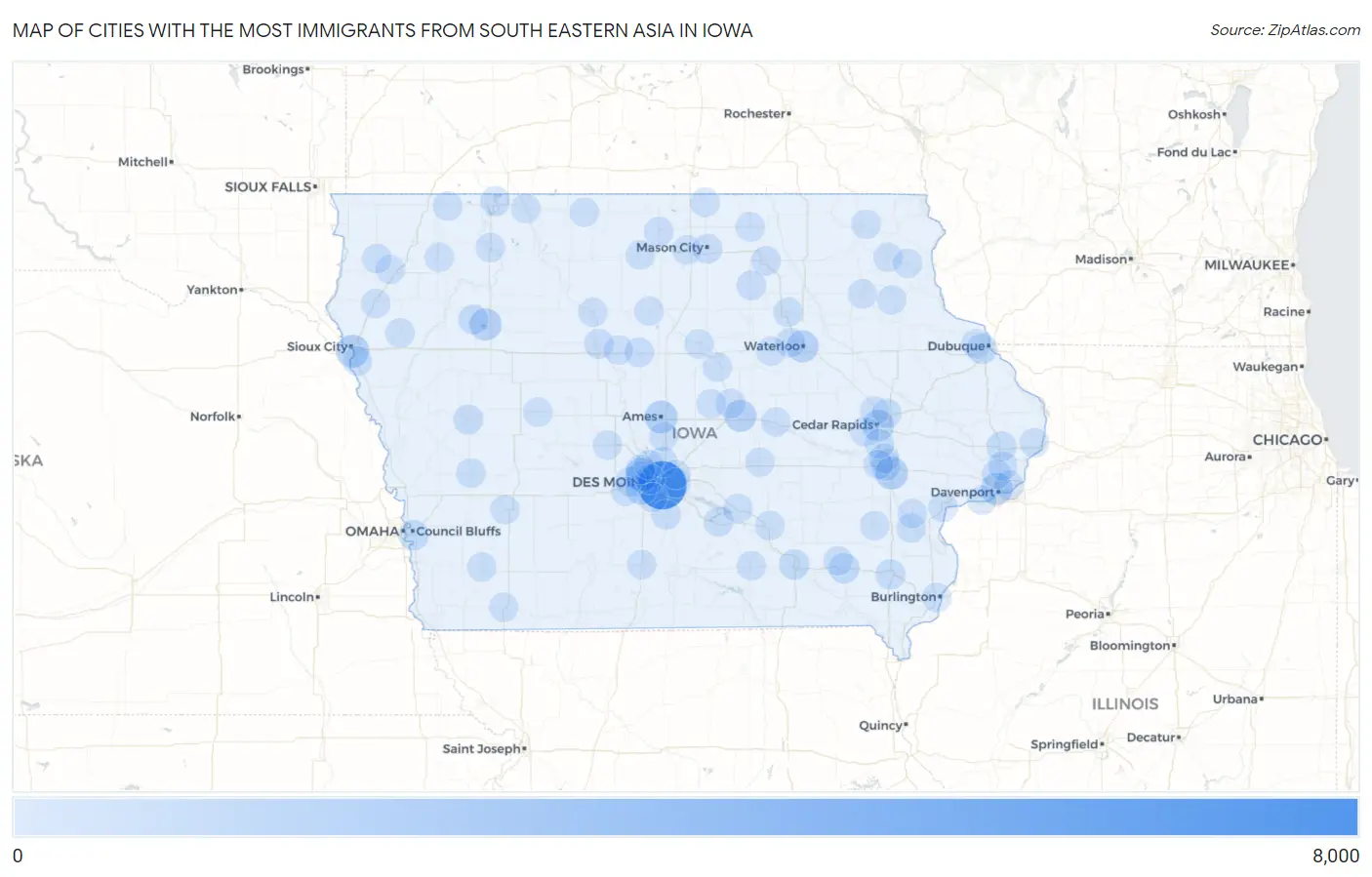 Cities with the Most Immigrants from South Eastern Asia in Iowa Map