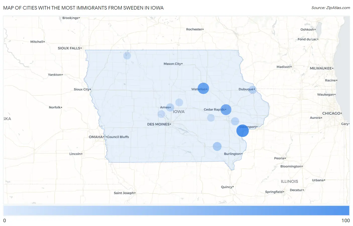 Cities with the Most Immigrants from Sweden in Iowa Map