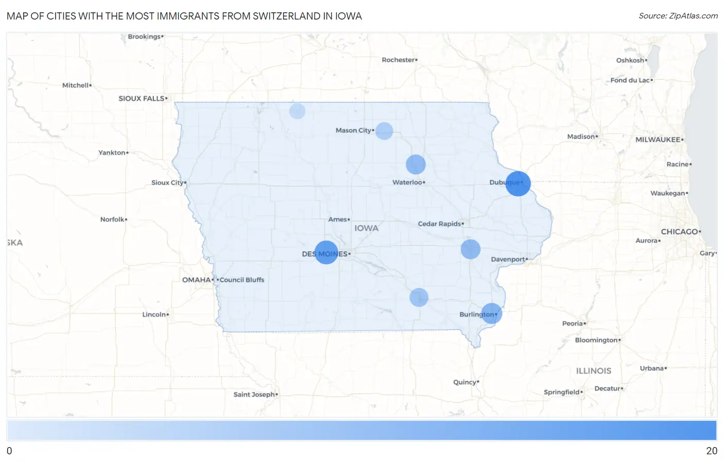 Cities with the Most Immigrants from Switzerland in Iowa Map