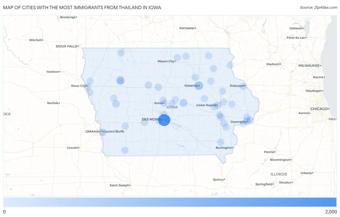 Cities with the Most Immigrants from Thailand in Iowa Map