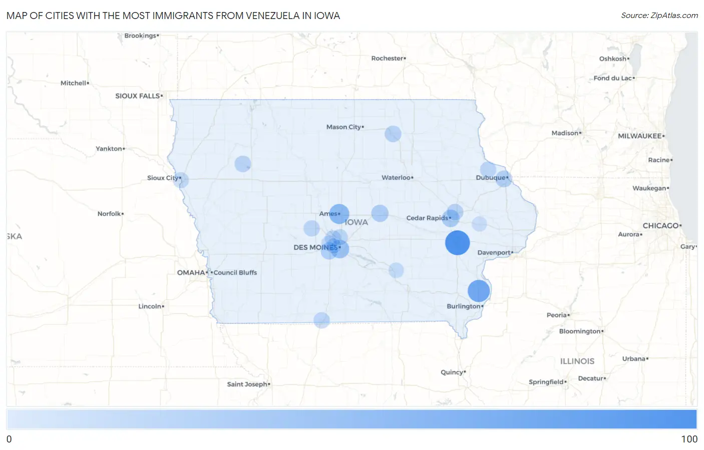 Cities with the Most Immigrants from Venezuela in Iowa Map