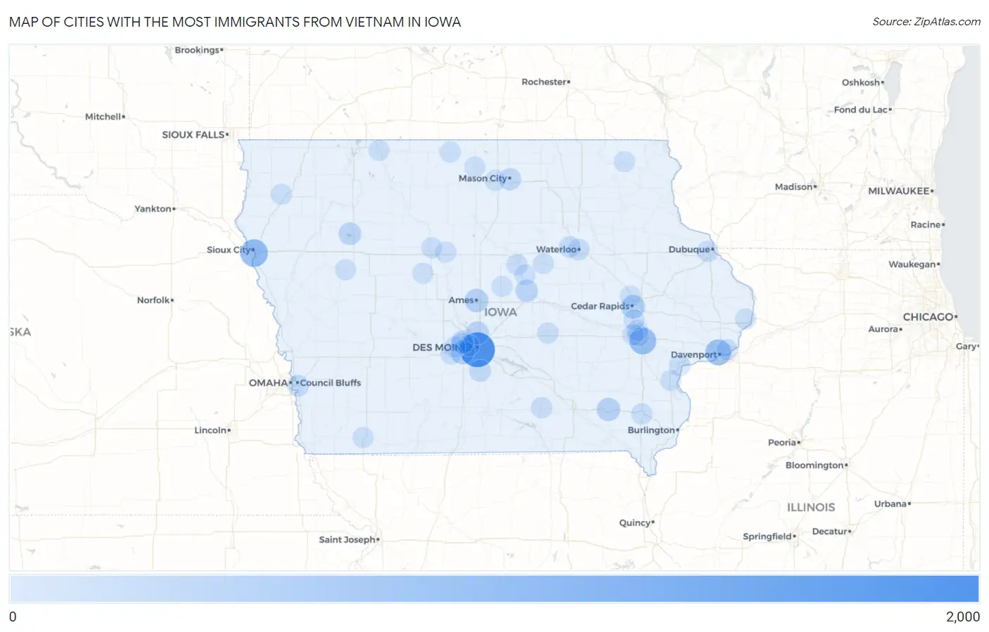 Cities with the Most Immigrants from Vietnam in Iowa Map