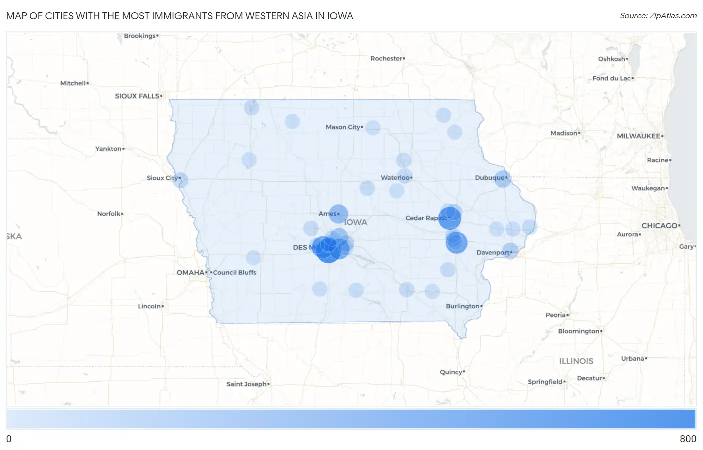 Cities with the Most Immigrants from Western Asia in Iowa Map