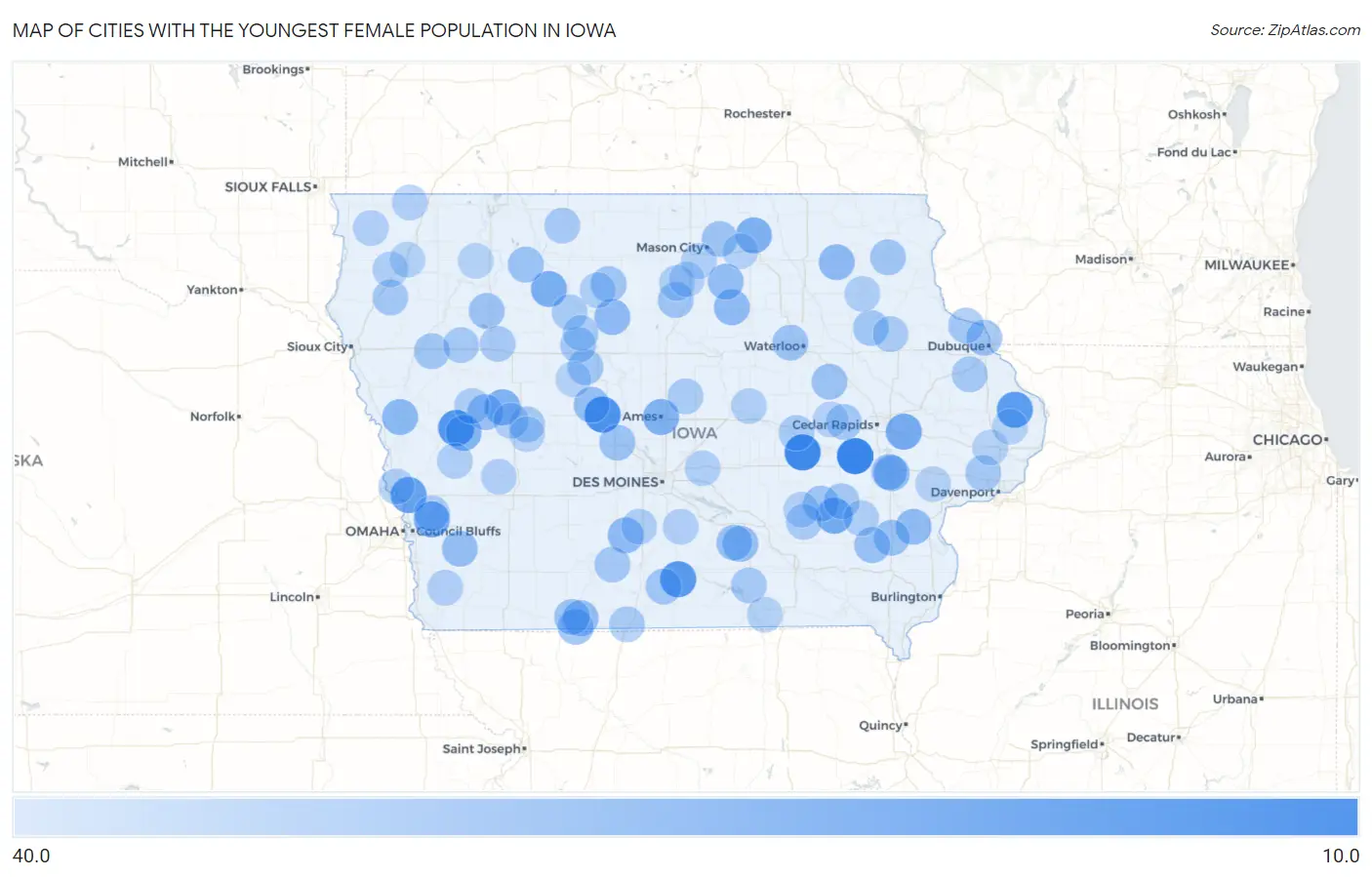 Cities with the Youngest Female Population in Iowa Map