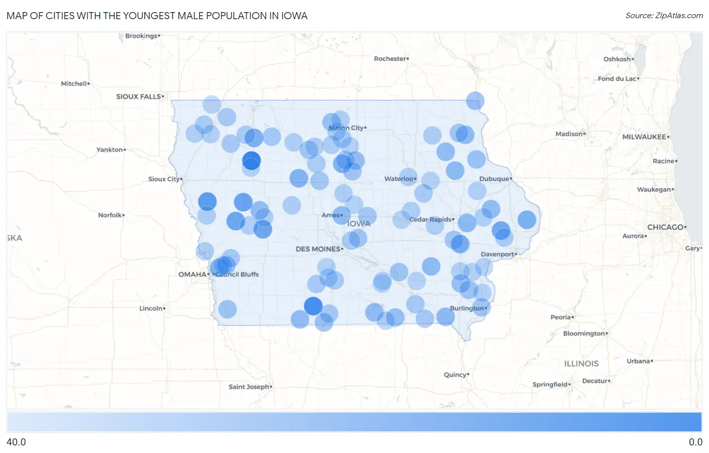 Cities with the Youngest Male Population in Iowa Map