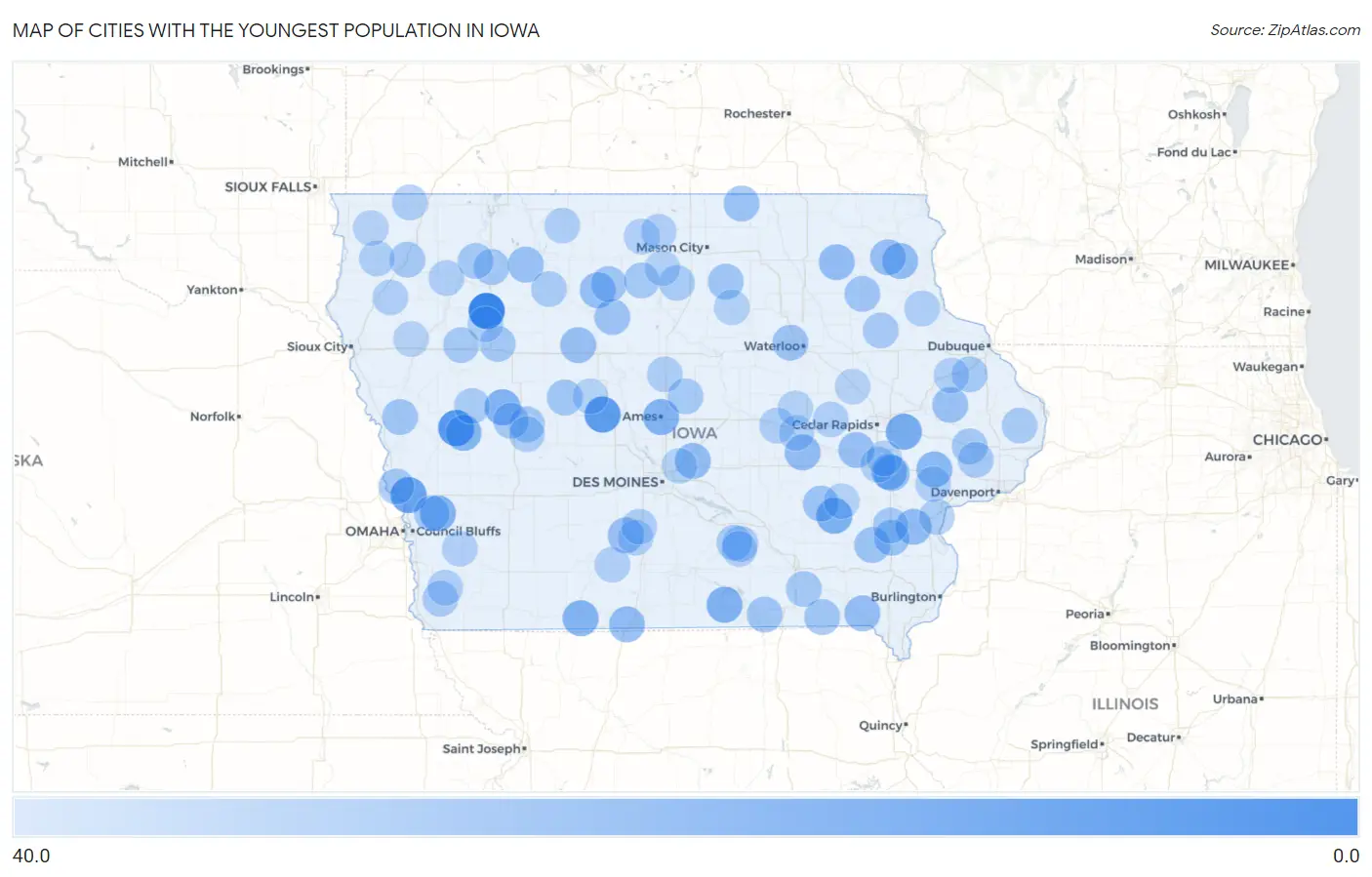 Cities with the Youngest Population in Iowa Map