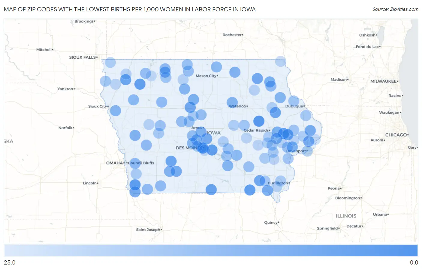 Zip Codes with the Lowest Births per 1,000 Women in Labor Force in Iowa Map