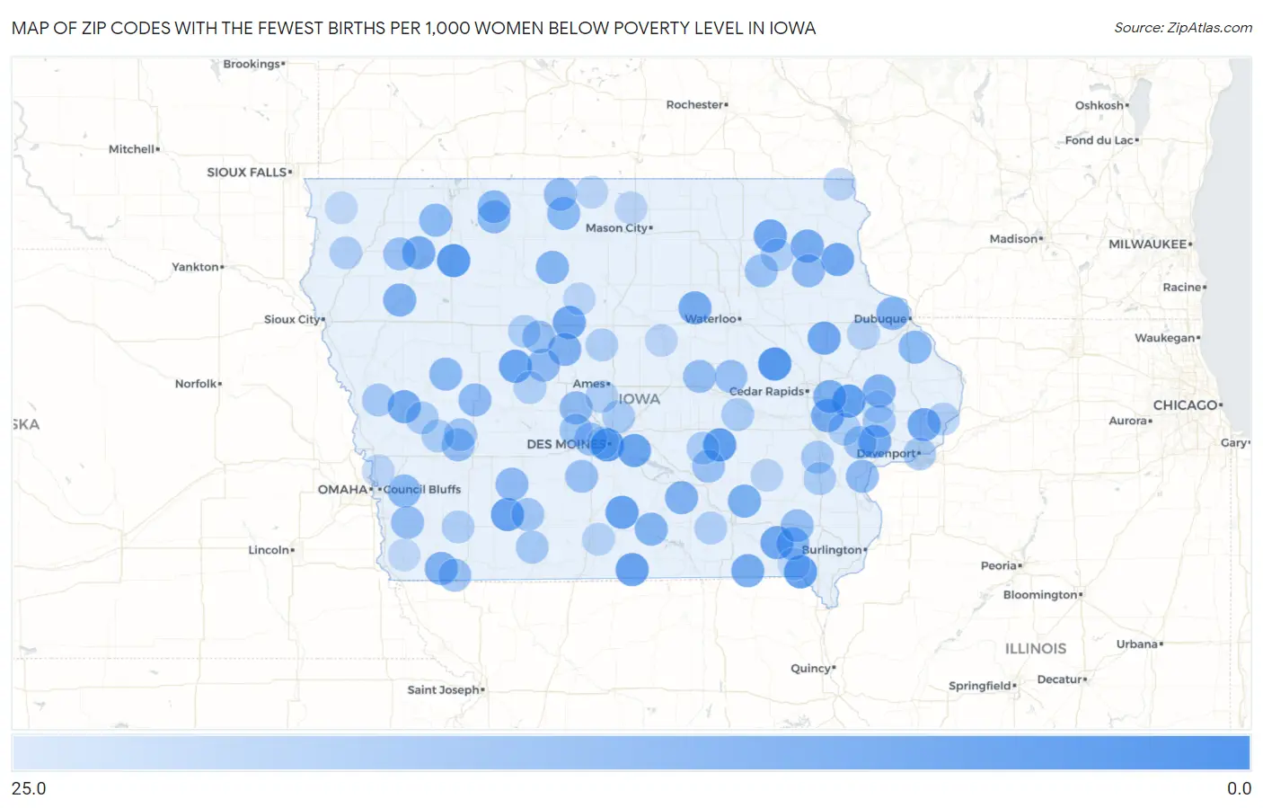 Zip Codes with the Fewest Births per 1,000 Women Below Poverty Level in Iowa Map